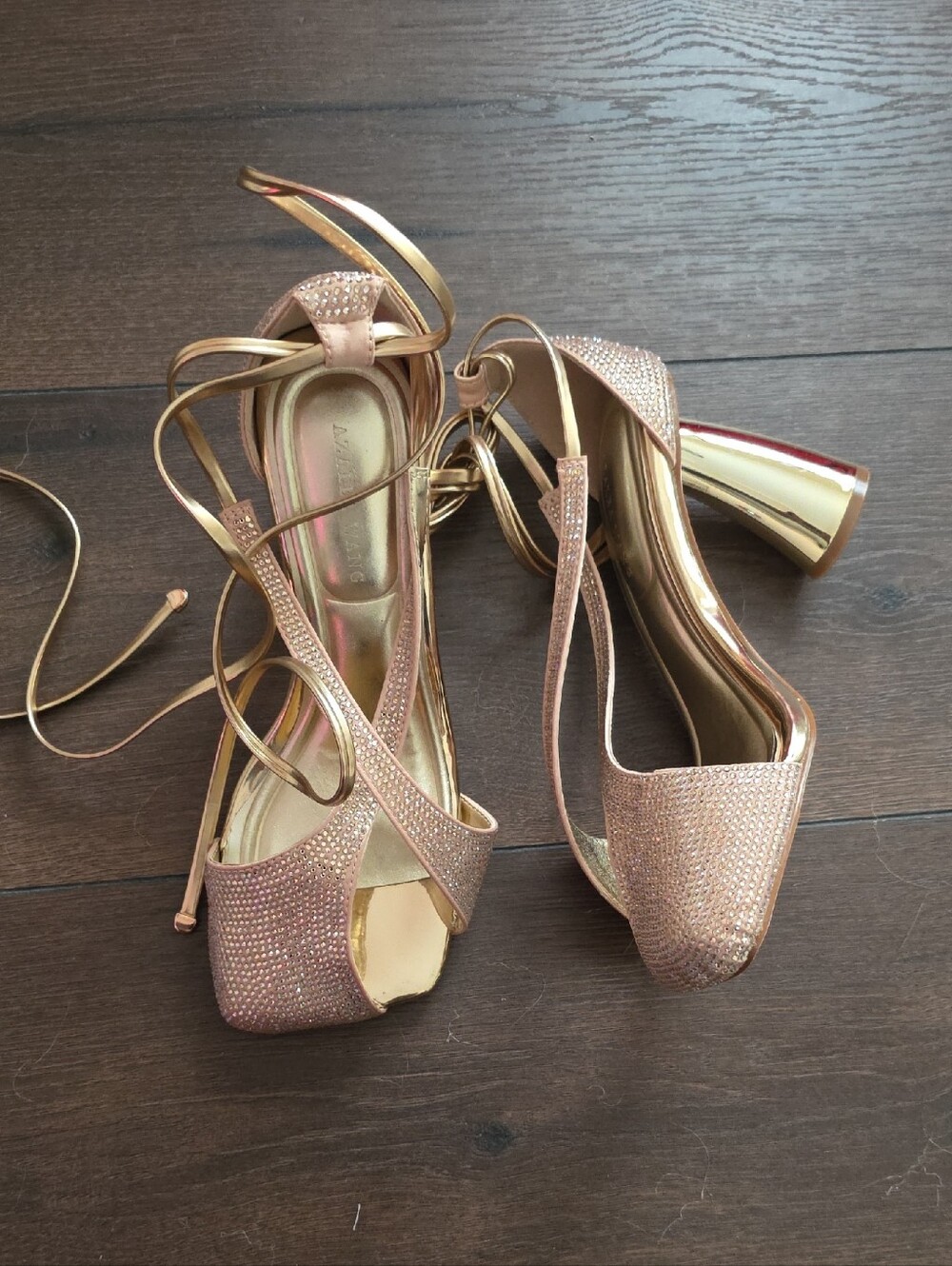 Azalea Wang Akira Builany gold rhinestone chunky pump sandals